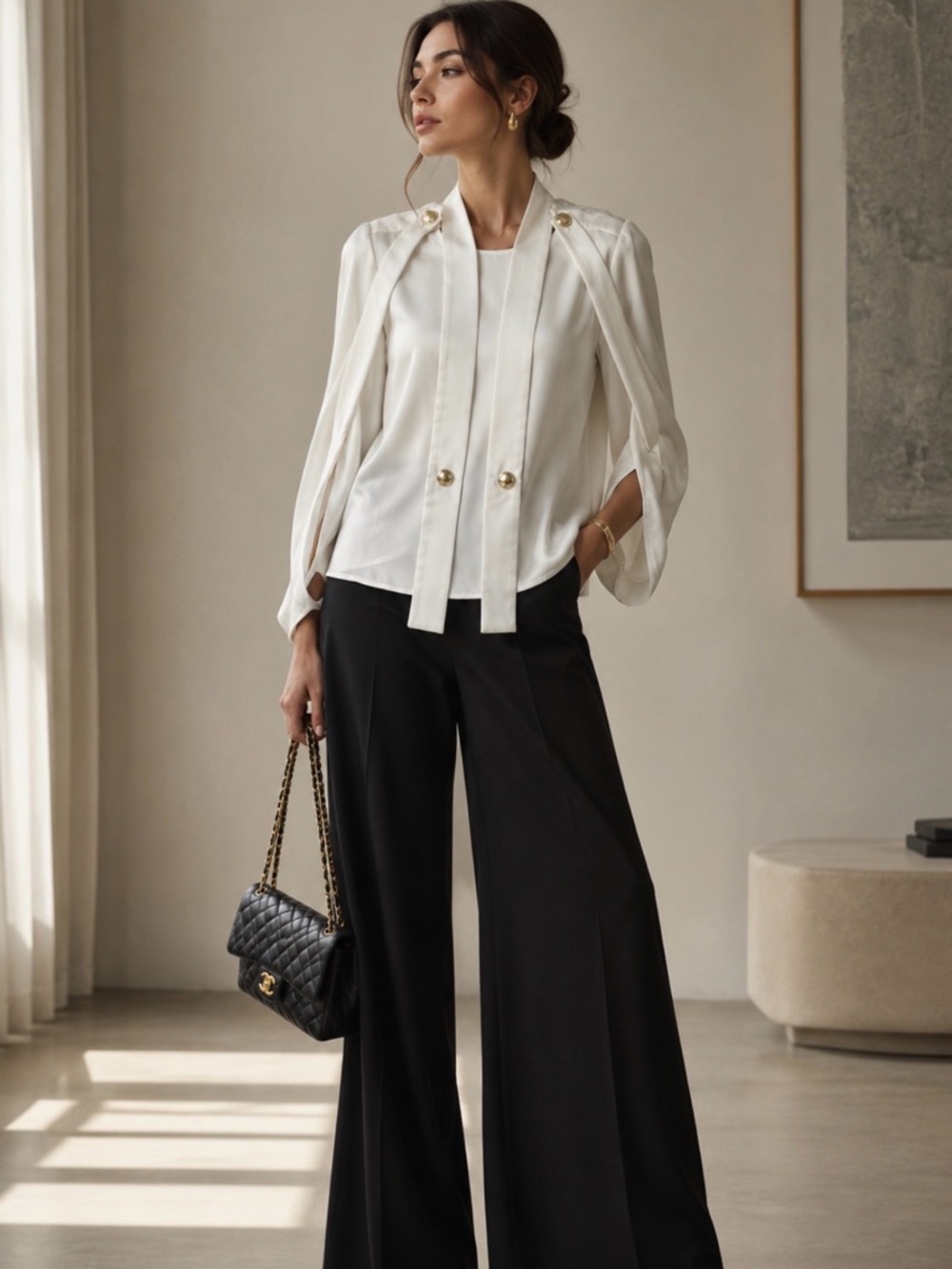 Les Bourdelelles des Garçons Paris White Designer Blouse with Gold Button. M